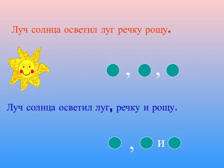 Луч солнца осветил луг речку рощу. Луч солнца осветил луг, речку и рощу.