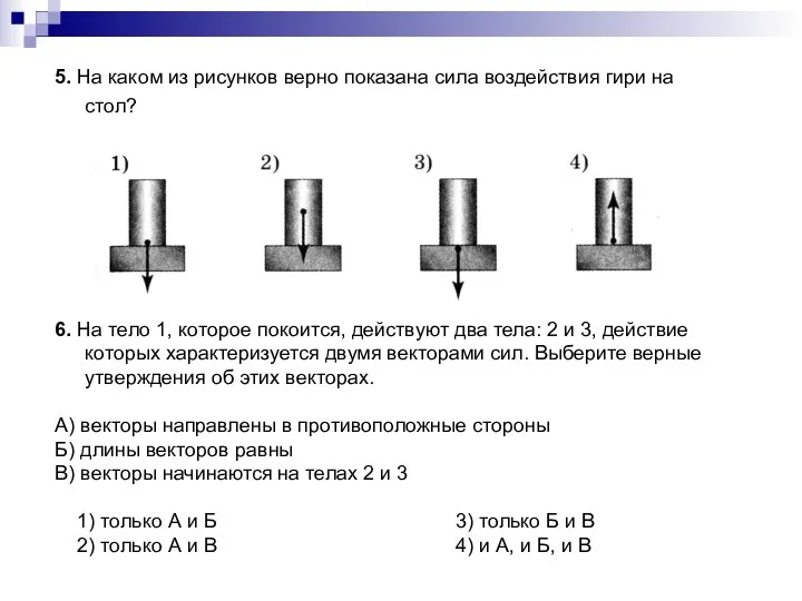 5. На каком из рисунков верно показана сила воздействия гири на