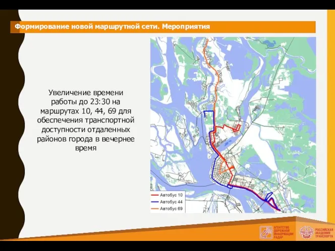 Формирование новой маршрутной сети. Мероприятия Увеличение времени работы до 23:30 на