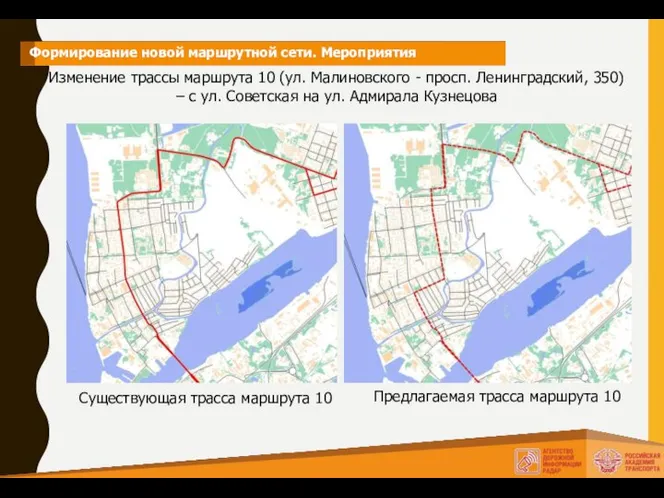 Формирование новой маршрутной сети. Мероприятия Изменение трассы маршрута 10 (ул. Малиновского