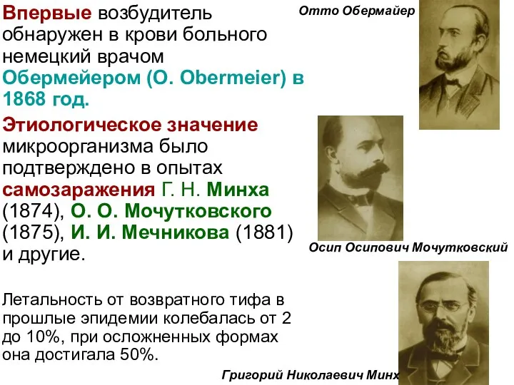 Впервые возбудитель обнаружен в крови больного немецкий врачом Обермейером (O. Obermeier)