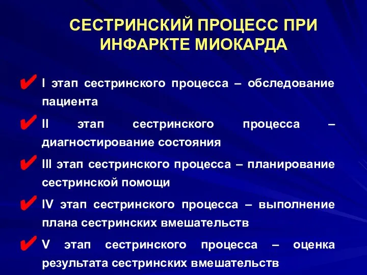 СЕСТРИНСКИЙ ПРОЦЕСС ПРИ ИНФАРКТЕ МИОКАРДА I этап сестринского процесса – обследование