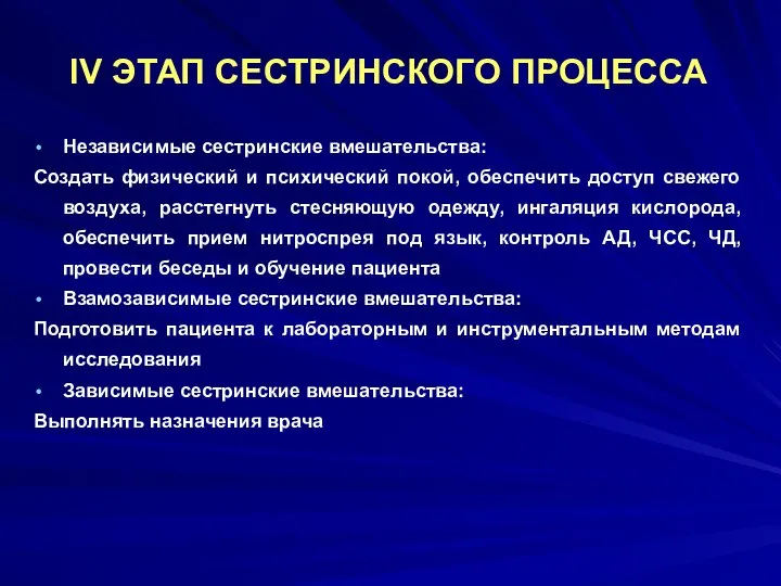 IV ЭТАП СЕСТРИНСКОГО ПРОЦЕССА Независимые сестринские вмешательства: Создать физический и психический