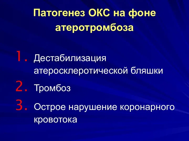 Дестабилизация атеросклеротической бляшки Тромбоз Острое нарушение коронарного кровотока Патогенез ОКС на фоне атеротромбоза