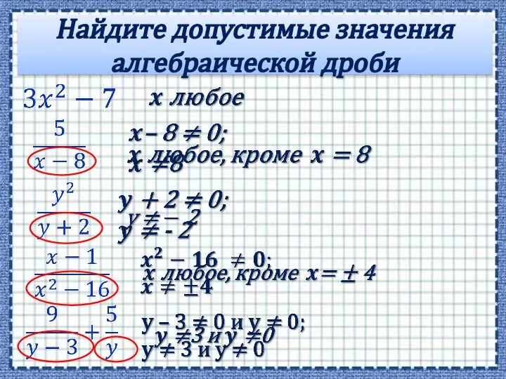 Найдите допустимые значения алгебраической дроби