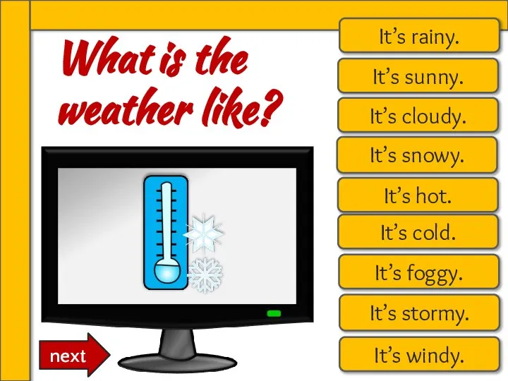 What is the weather like? It’s rainy. It’s sunny. It’s cloudy.