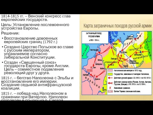 1814-1815 гг. – Венский конгресс глав европейских государств. Цель: Установление послевоенного