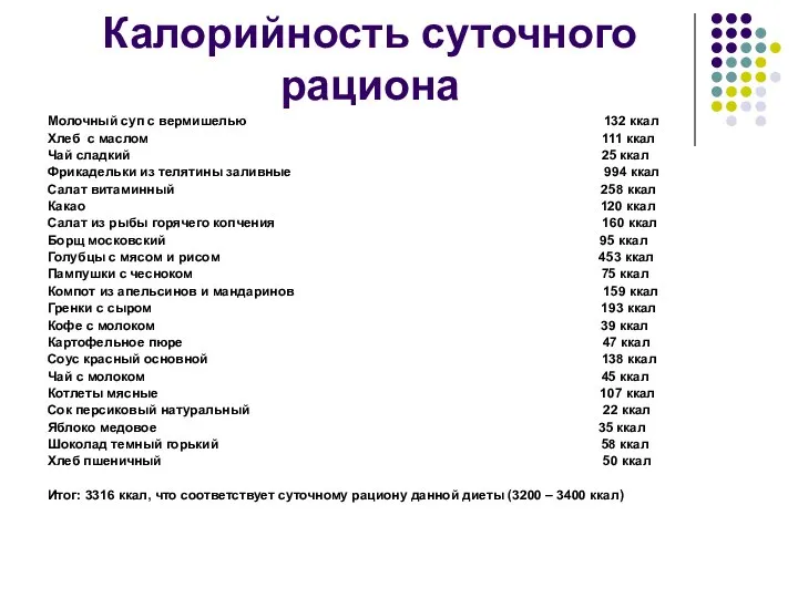 Калорийность суточного рациона Молочный суп с вермишелью 132 ккал Хлеб с