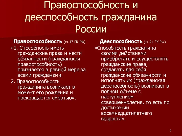 Правоспособность и дееспособность гражданина России Правоспособность (ст.17 ГК РФ) «1. Способность