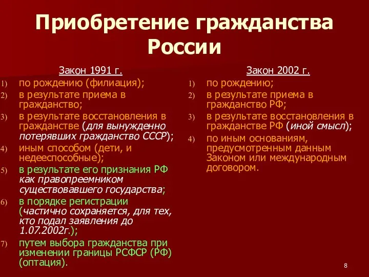 Приобретение гражданства России Закон 1991 г. по рождению (филиация); в результате