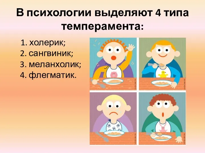 В психологии выделяют 4 типа темперамента: 1. холерик; 2. сангвиник; 3. меланхолик; 4. флегматик.