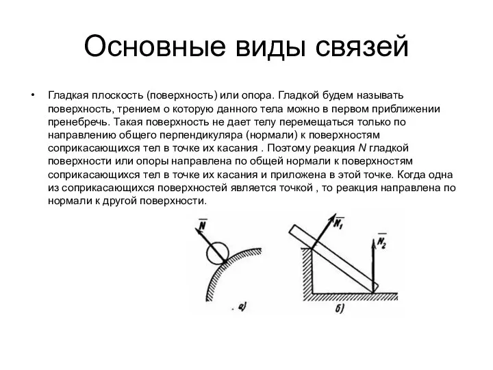 Основные виды связей Гладкая плоскость (поверхность) или опора. Гладкой будем называть