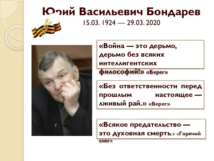 Юрий Васильевич Бондарев 15.03. 1924 — 29.03. 2020 «Война — это