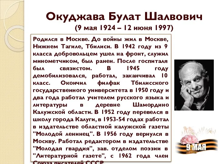 Окуджава Булат Шалвович (9 мая 1924 – 12 июня 1997) Родился