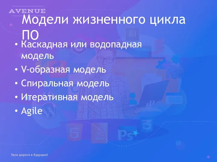 Модели жизненного цикла ПО Каскадная или водопадная модель V-образная модель Спиральная модель Итеративная модель Agile