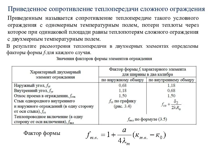 Фактор формы Приведенное сопротивление теплопередачи сложного ограждения Приведенным называется сопротивление теплопередаче