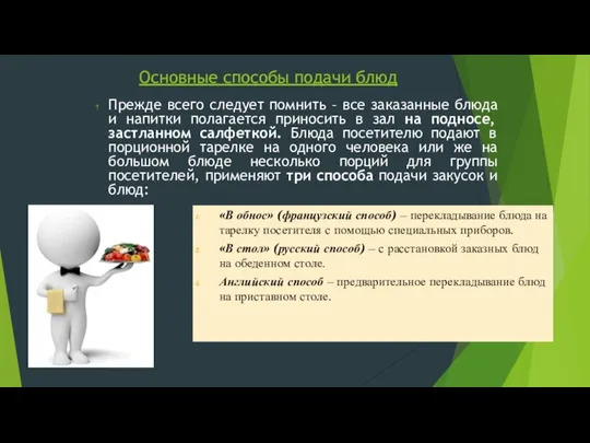 Основные способы подачи блюд Прежде всего следует помнить – все заказанные