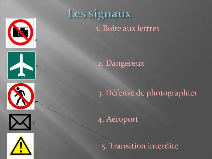 3. Défense de photographier 4. Aéroport 1. Boîte aux lettres 2. Dangereux 5. Transition interdite