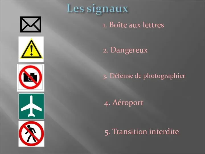 3. Défense de photographier 4. Aéroport 1. Boîte aux lettres 2. Dangereux 5. Transition interdite