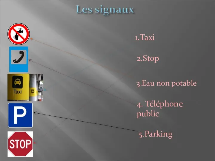 1.Taxi 2.Stop 3.Eau non potable 5.Parking 4. Téléphone public