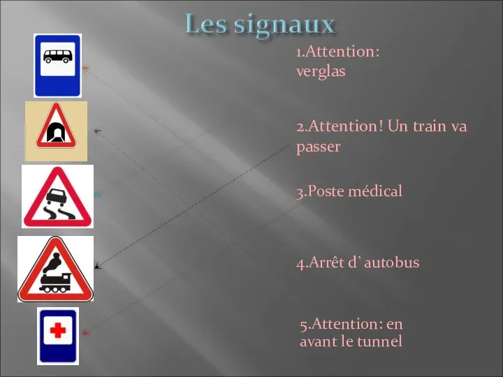 3.Poste médical 4.Arrêt d`autobus 5.Attention: en avant le tunnel 2.Attention! Un train va passer 1.Attention: verglas