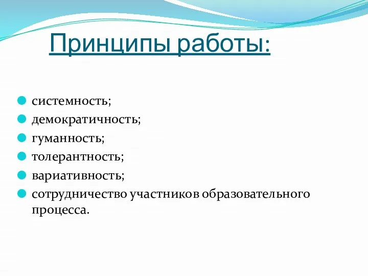 Принципы работы: системность; демократичность; гуманность; толерантность; вариативность; сотрудничество участников образовательного процесса.