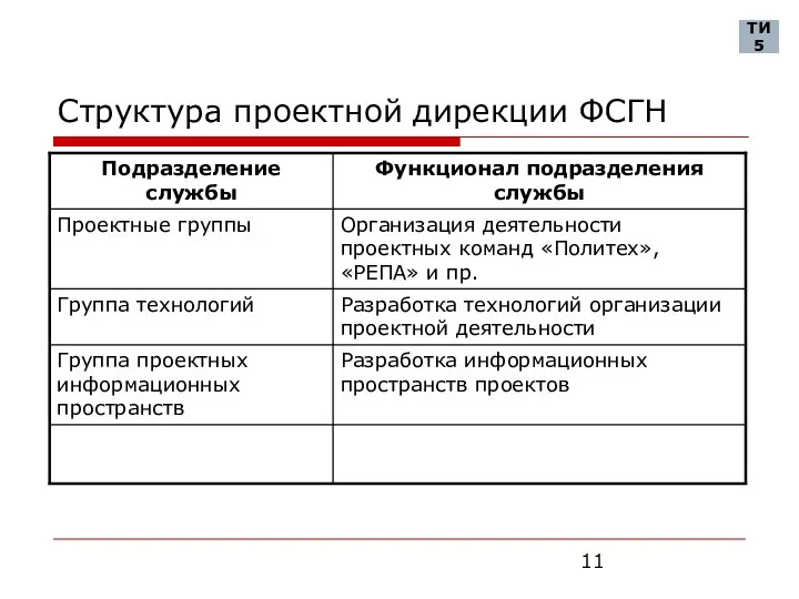 Структура проектной дирекции ФСГН ТИ 5