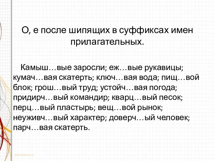 О, е после шипящих в суффиксах имен прилагательных. Камыш…вые заросли; еж…вые