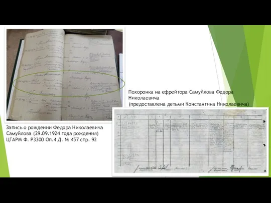 Запись о рождении Федора Николаевича Самуйлова (29.09.1924 года рождения) ЦГАРМ Ф.