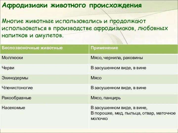 Афродизиаки животного происхождения Многие животные использовались и продолжают использоваться в производстве афродизиаков, любовных напитков и амулетов.