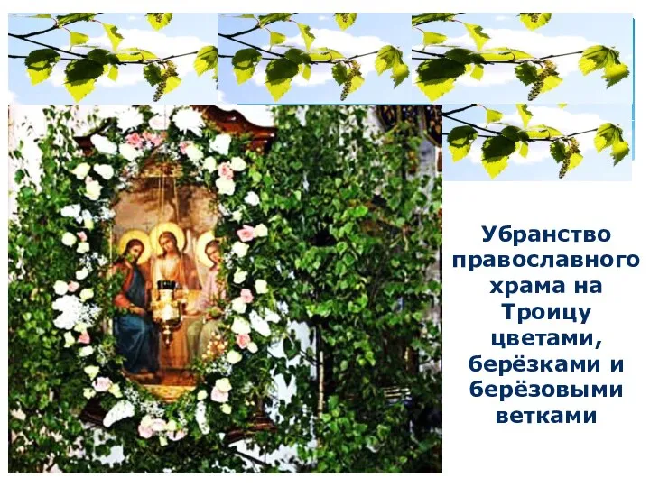 Убранство православного храма на Троицу цветами, берёзками и берёзовыми ветками