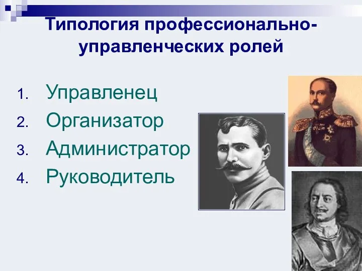 Типология профессионально-управленческих ролей Управленец Организатор Администратор Руководитель