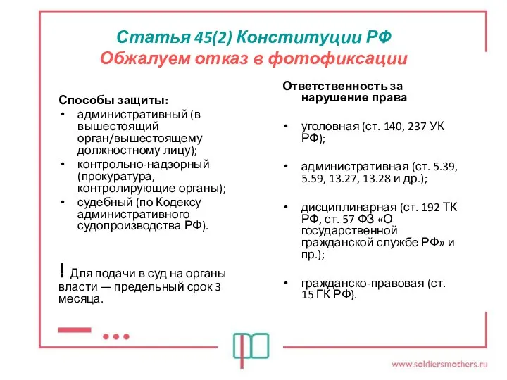 Статья 45(2) Конституции РФ Обжалуем отказ в фотофиксации Способы защиты: административный