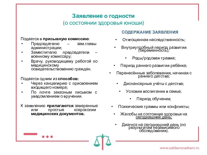 Заявление о годности (о состоянии здоровья юноши) Подается в призывную комиссию: