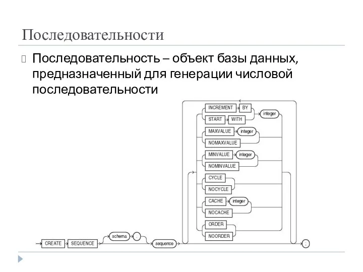 Последовательности Последовательность – объект базы данных, предназначенный для генерации числовой последовательности