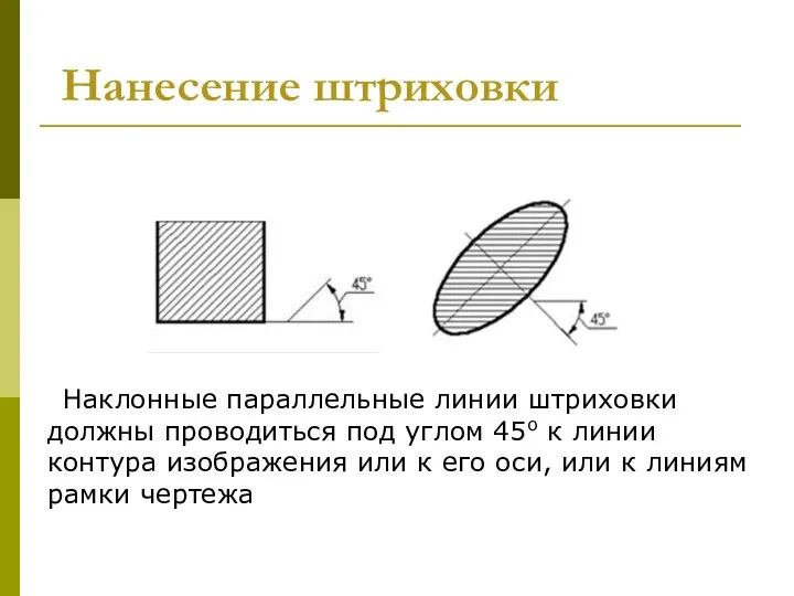 Наклонные параллельные линии штриховки должны проводиться под углом 45о к линии