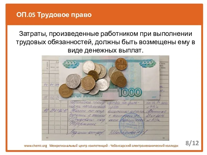 ОП.05 Трудовое право 8/12 Затраты, произведенные работником при выполнении трудовых обязанностей,