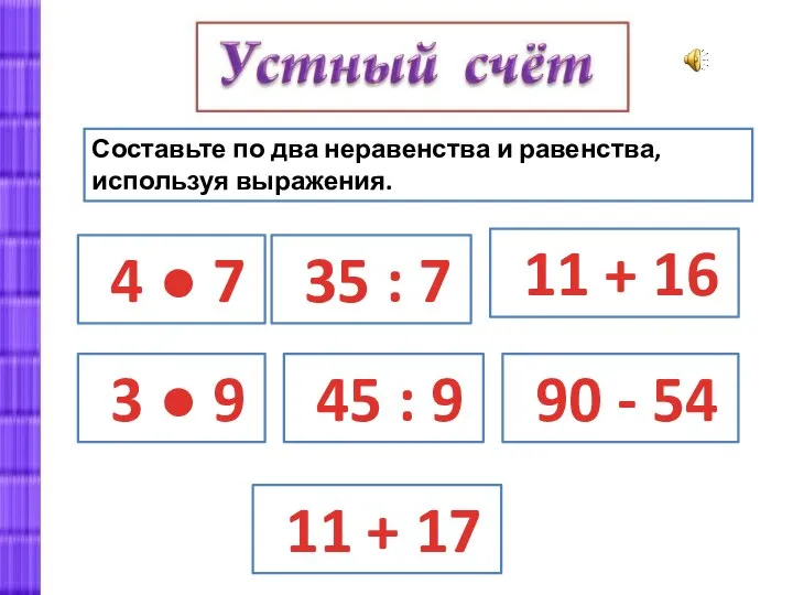 Составьте по два неравенства и равенства, используя выражения. 4 ● 7