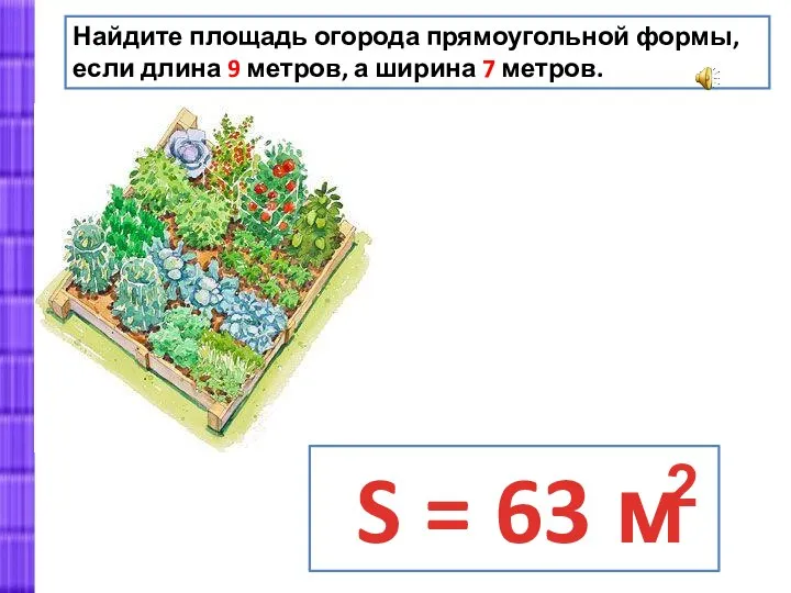 Найдите площадь огорода прямоугольной формы, если длина 9 метров, а ширина