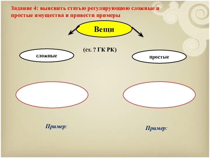 Вещи (ст. ? ГК РК) сложные простые Пример: Пример: Задание 4: