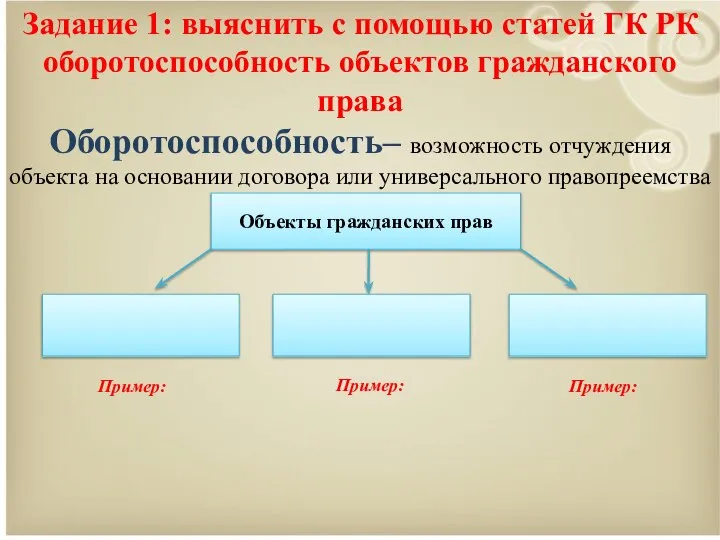 Задание 1: выяснить с помощью статей ГК РК оборотоспособность объектов гражданского