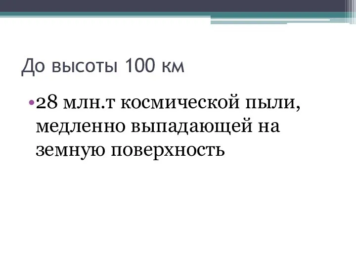 До высоты 100 км 28 млн.т космической пыли, медленно выпадающей на земную поверхность