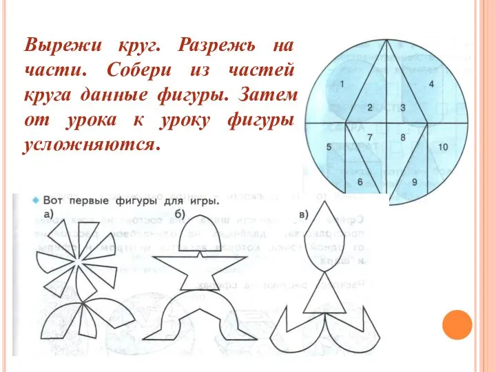 Вырежи круг. Разрежь на части. Собери из частей круга данные фигуры.