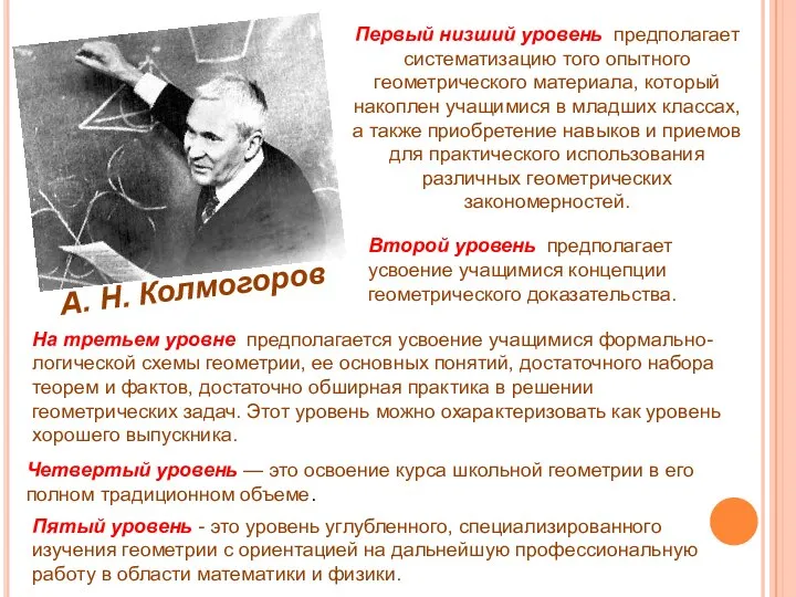 А. Н. Колмогоров Первый низший уровень предполагает систематизацию того опытного геометрического