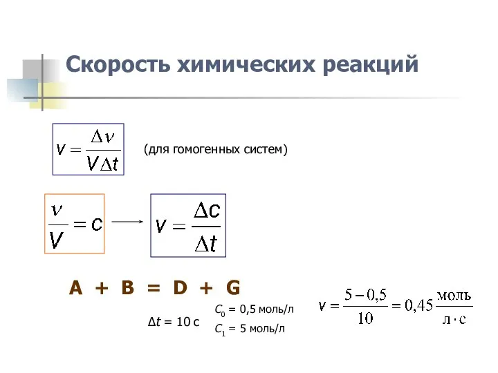 Скорость химических реакций (для гомогенных систем) A + B = D