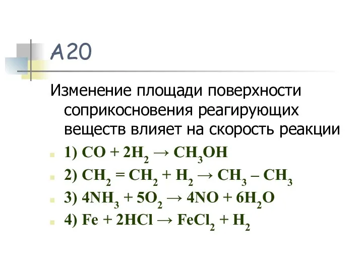 А20 Изменение площади поверхности соприкосновения реагирующих веществ влияет на скорость реакции