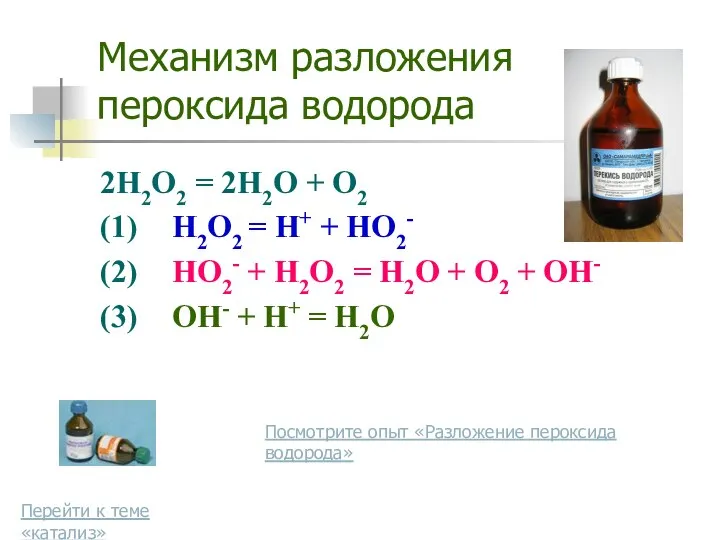 Механизм разложения пероксида водорода 2H2O2 = 2H2O + O2 (1) H2O2