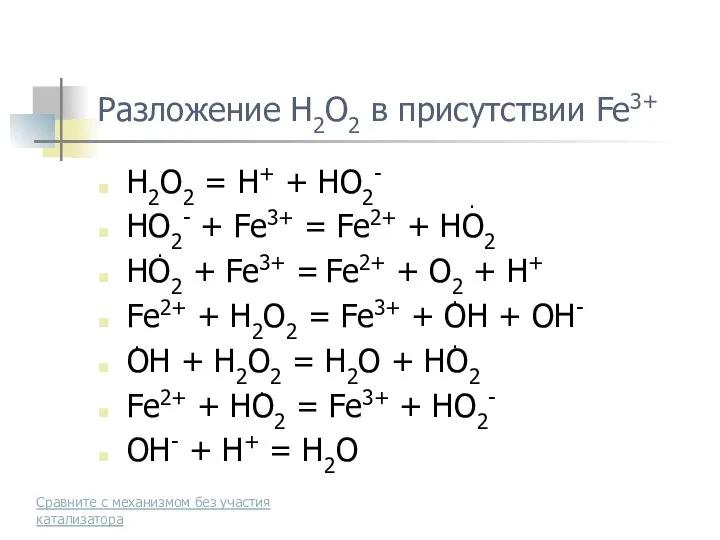 Разложение H2O2 в присутствии Fe3+ H2O2 = H+ + HO2- HO2-