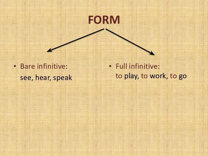 FORM Bare infinitive: see, hear, speak Full infinitive: to play, to work, to go