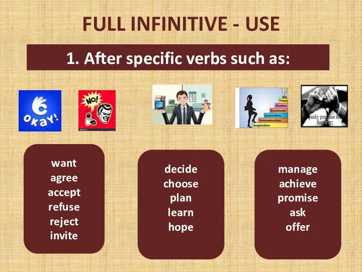 FULL INFINITIVE - USE 1. After specific verbs such as: want